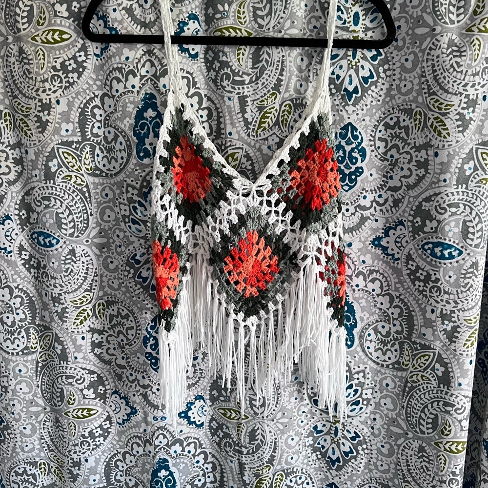 Crochet Fringe Halter Top in orange, Green and White
